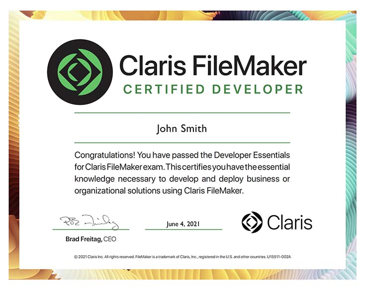 Sample certification for Claris FileMaker Certified Developer