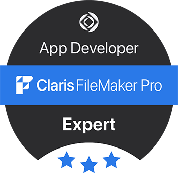 Certification badge for Claris FileMaker Pro Expert