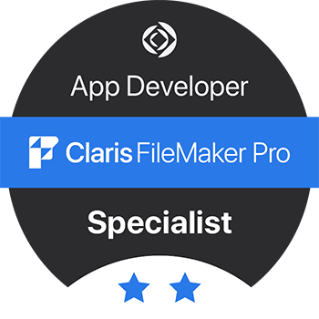 Certification badge for Claris FileMaker Pro Specialist
