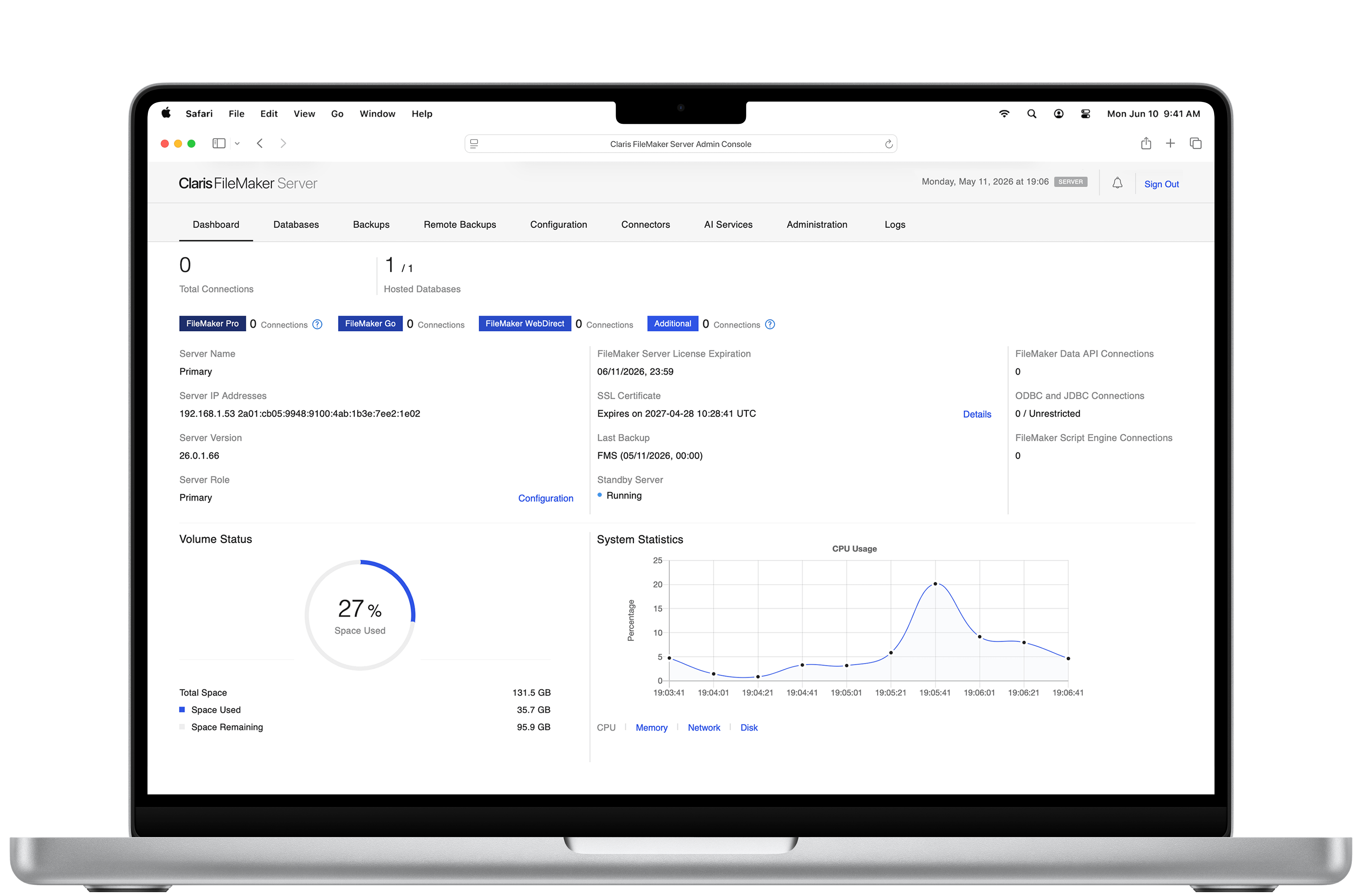 Claris FileMaker Server Admin Console-Ansicht