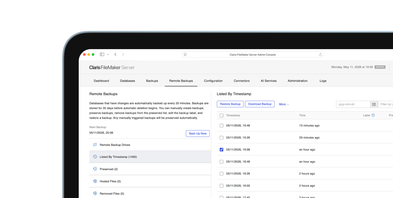 Bildschirm f&uuml;r Remote-Sicherung in der Claris&nbsp;FileMaker&nbsp;Server Admin&nbsp;Console.