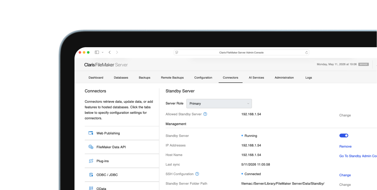 Standby Server-Bildschirm in der Claris&nbsp;FileMaker&nbsp;Server Admin&nbsp;Console.