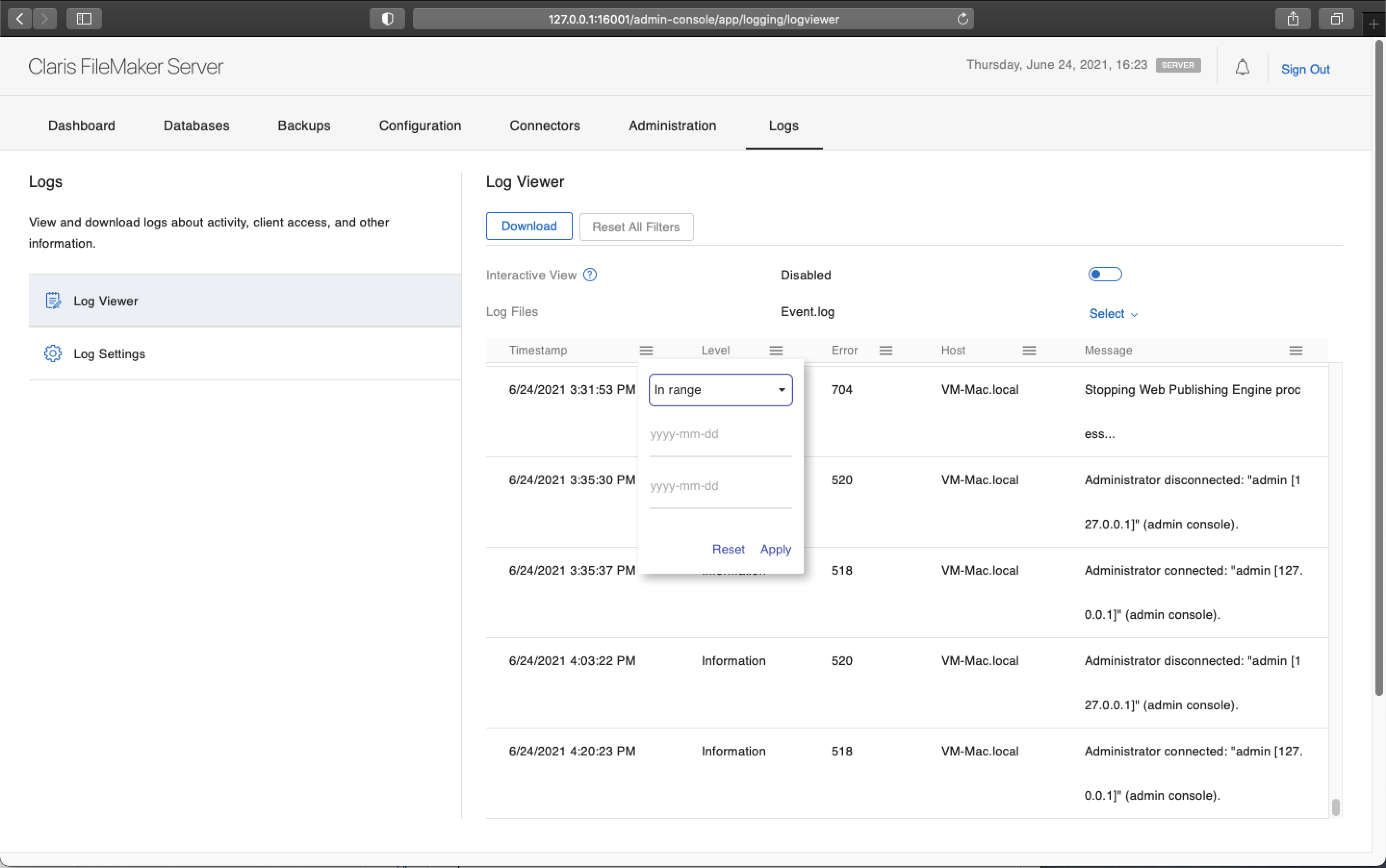 Working with centralized logs in FileMaker Server