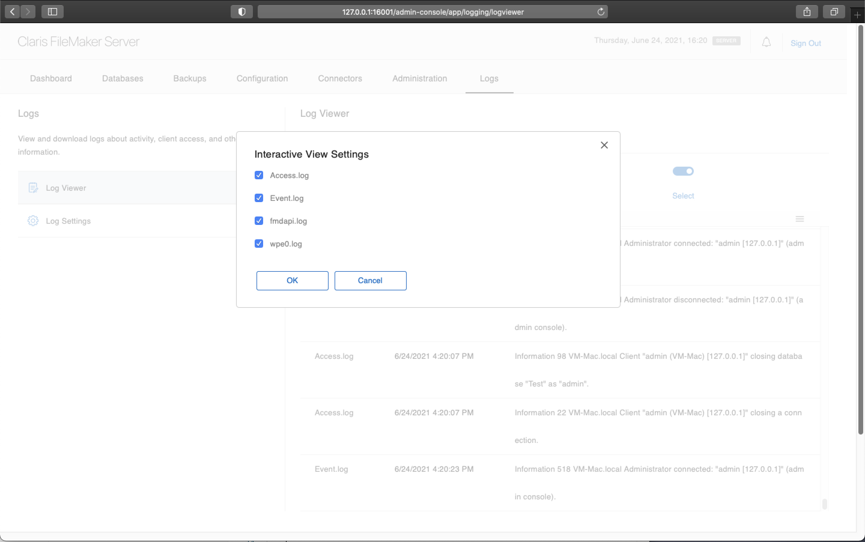 Working with centralized logs in FileMaker Server
